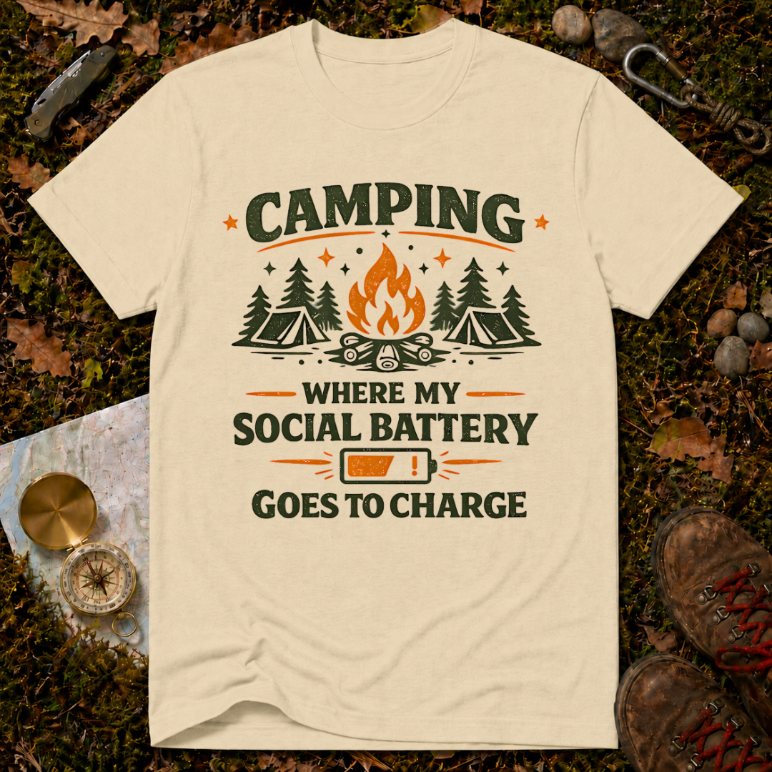 Camping: Where My Social Battery Goes to Die T-Shirt