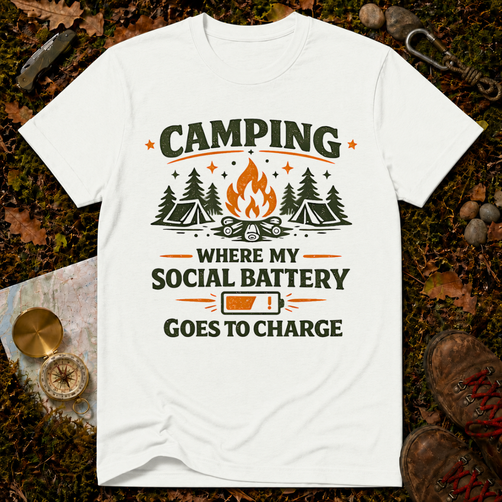 Camping: Where My Social Battery Goes to Die T-Shirt